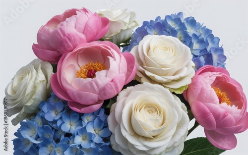 Elegant bouquet of roses and hydrangeas in soft pastel shades