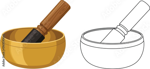 Tibetan singing bowl with wooden striker a tool for meditation and sound therapy isolated on white background