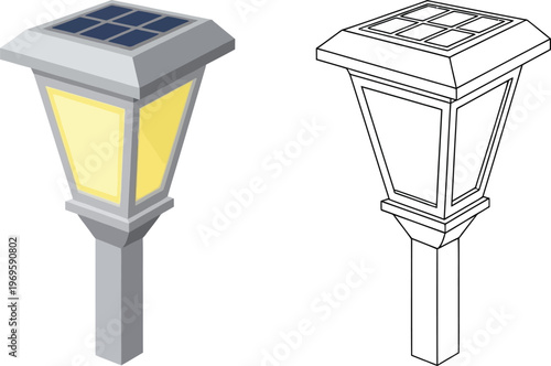 Solar powered garden lamp with solar panel flat design illustration and outline version for outdoor lighting and landscape design