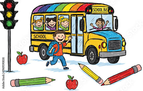 Hand-drawn school bus vector illustration with happy children, yellow school bus with rainbow roof, back to school concept with pencils and apples
