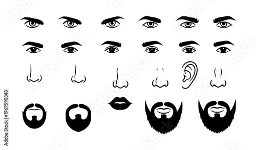 Black and white facial features icon set with eyes noses lips and eyebrows in clean grid layout vector illustration