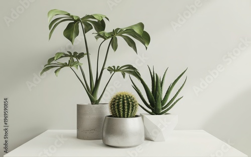 Elegant indoor plants arranged on a minimalist white shelf against a light background