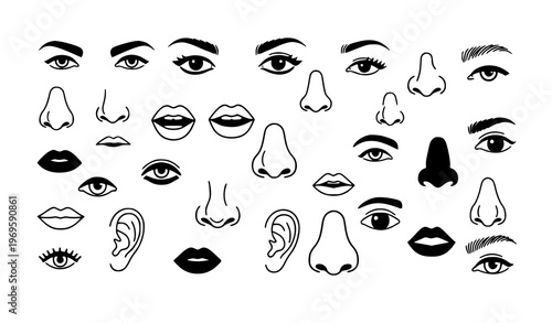 Modular facial features set for character creation eyes mouths noses black and white vector illustration