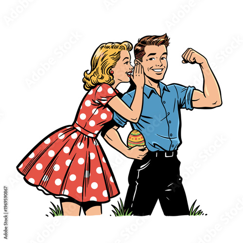 Vintage retro pop art comic illustration of a woman whispering a secret to a muscular man holding an Easter egg, 1950s style graphic