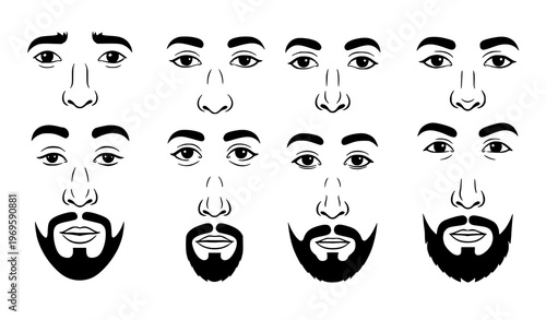 Scattered facial feature illustrations with eyes mouths and noses black and white minimalist vector collection