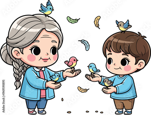 Chibi style grandmother and grandson feeding birds, elderly woman and young boy with colorful songbirds, cute family vector illustration