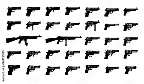 Black firearm and gun silhouette icon set with pistols rifles and shotguns organized grid vector illustration