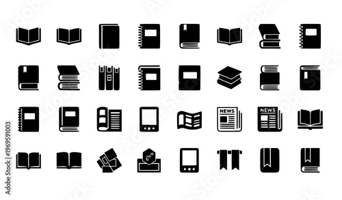 Black silhouette book icons set with reading materials in grid layout clean education vector collection