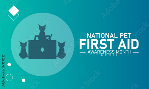 National pet first aid awareness month graphic with cats and first kit box