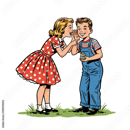Vintage retro comic book style illustration of a girl whispering a secret to a boy holding an Easter egg, mid-century Americana children characters