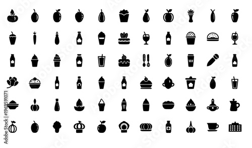 Minimalist food and drink silhouette icon set in grid layout clean black vector collection for menu and UI design