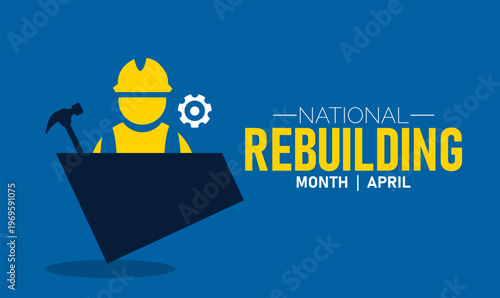 National rebuilding month april worker icon with tools and gear with hard hat home improvement