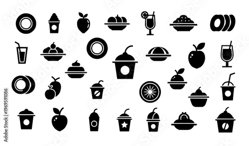 Scattered food and beverage silhouette icons collection minimalist black vector illustration for modern design