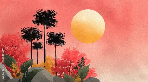 Sunset over trees and bushes with pink sky and large sun