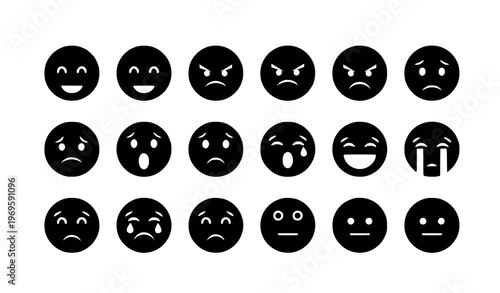 Black and white emoticon icon set with human emotions in clean grid layout minimalist vector illustration