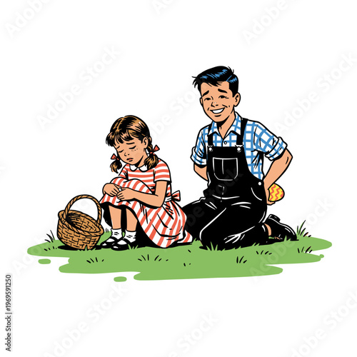 Retro siblings at Easter egg hunt, boy hiding egg from sad girl with empty basket, vintage comic book style vector illustration