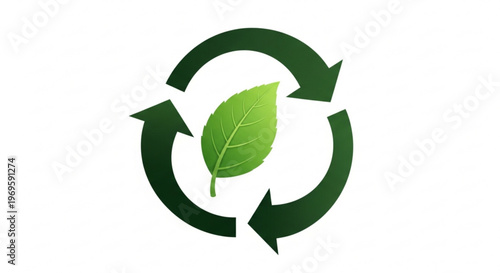 Green recycling symbol with a vibrant fresh leaf at the center representing environmental sustainability ecological balance and organic growth set against a clean white