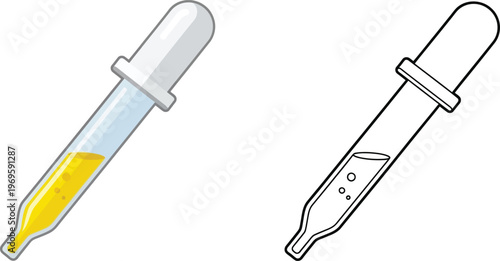 Dropper with yellow liquid and outline version laboratory tool for science and medical research simple vector illustration for design