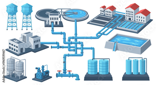 Vector illustration diagram of water treatment plant, storage tanks, pipes, residential area system