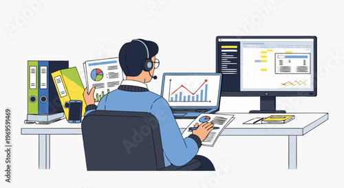Rear-over-shoulder vector illustration of focused man multitasking at dual-monitor desk workstation