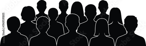 Crowd of people silhouette, diverse group avatar set, human society community, men and women vector illustration