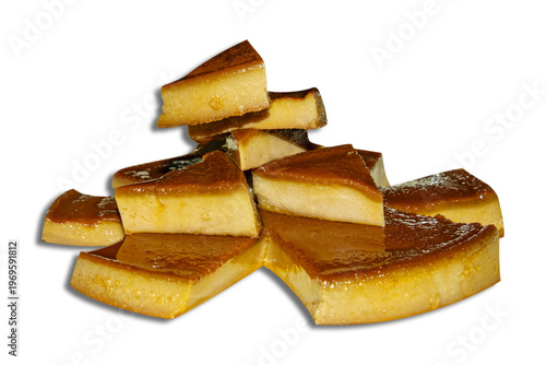 Caramel Egg Pudding Slices Stacked, Pieces Isolated White BG