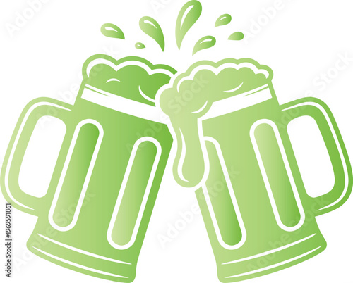 Two green beer mugs clinking together with foam spilling over