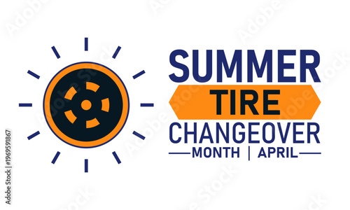 Summer tire changeover month april with sun and wheel icon with seasonal change