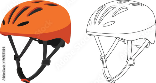 Orange bicycle helmet with straps and outline version safety equipment for cycling isolated on white background vector illustration