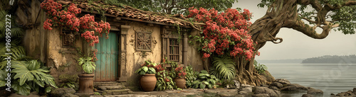 Old cottage by the lake with flowers and plants around