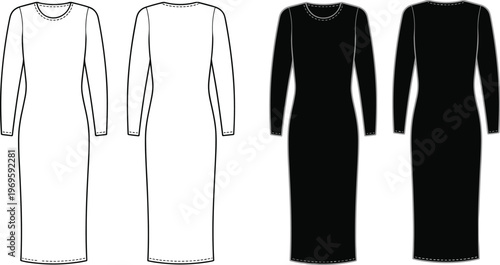 Long sleeve bodycon midi dress technical sketch, front and back view, tight fit apparel, vector