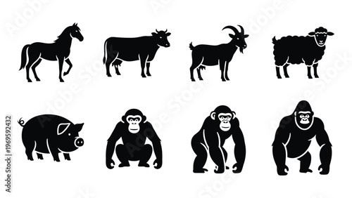 A collection of farm and wild animal silhouettes including a horse cow pig sheep goat and primates silhouette high quality professional