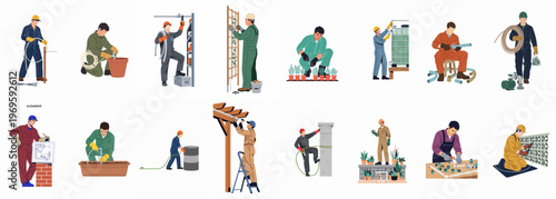 Craftsmen at Work: A collection of skilled artisans are meticulously engrossed in their trades, wielding their tools and bringing expertise to life. Each scene represents various trades.