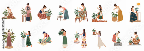 Gardening Harmony: A collection of illustrations showcasing various women tending to plants, immersed in the peaceful art of gardening, cultivating beauty and tranquility.