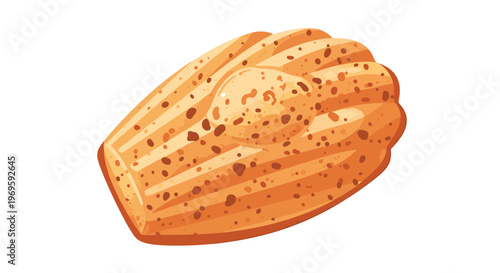 Traditional french madeleine cookie featuring a golden brown color and characteristic shell shape with a slightly bumpy texture.