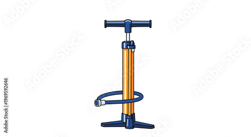 Classic manual floor pump featuring a yellow barrel blue handle and stable base with a flexible air hose for easy inflation tasks.