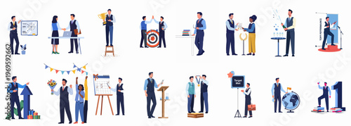 Business Illustration of Achievement and Success: An illustrative depiction of various business scenarios centered around themes of achievement, success, and collaboration.