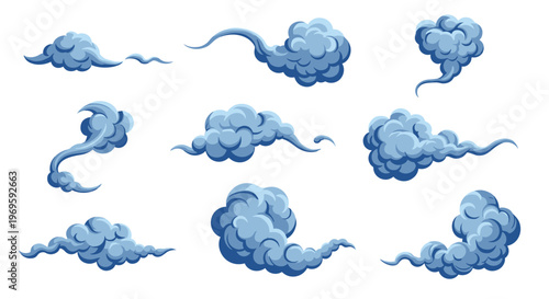 Set of stylized blue smoke or cloud puffs featuring swirling shapes and soft gradients for atmospheric and weather related designs.