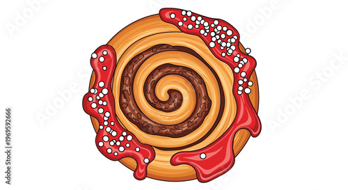 Delicious cinnamon roll pastry topped with a generous drizzle of red fruit jam and white sugar sprinkles for breakfast concepts.