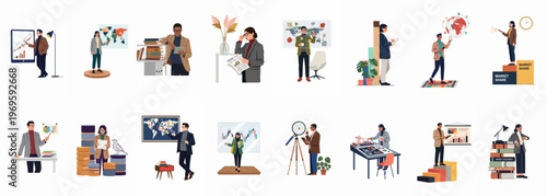 Business professionals at work: A comprehensive collage of diverse individuals engaging in various business activities, including analysis, planning, and teamwork.