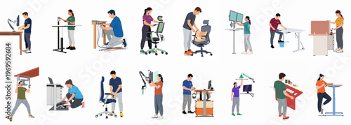 Workspace Assembly Collection: An extensive collection showcases various people assembling and setting up diverse types of workspaces, encompassing a range of furniture and equipment.