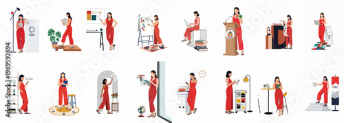 Multi-tasking Red: a series of vector images depicting a woman in red doing various activities, embodying a versatile and energetic spirit.