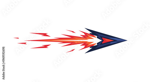 Dynamic illustration of a stylized arrow or projectile flying with orange and red flames against a sharp navy blue head design.