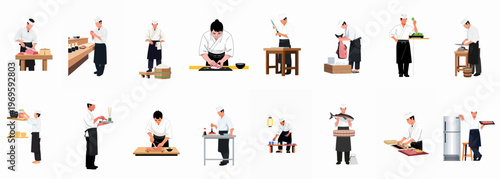 Sushi Chef's Craft: A series of illustrations showcasing a chef's meticulous preparation of sushi, capturing the artistry and precision.