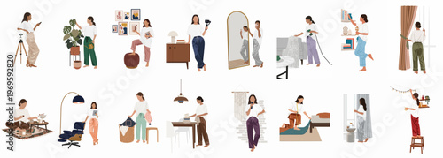 Home Interior Design Moments: Diverse scenes depict individuals arranging decor in various home settings, from selecting art to styling living spaces, capturing a journey through design choices.