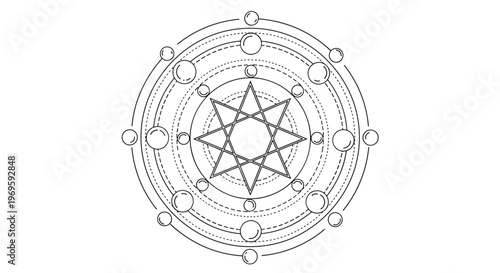 Sacred geometry symbol with a central star and concentric circles, monochrome line art design for spiritual, occult, or mystical contexts.