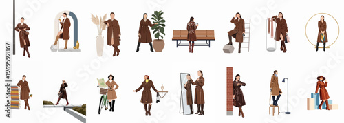 Brown fashion illustrations set: A collection of various illustration showcasing models in different brown attire and poses. perfect for fashion design and advertising.
