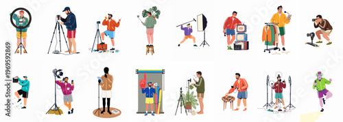 Behind the Lens: A vibrant collection of photographers at work, capturing the essence of diverse subjects using professional equipment. A visual symphony of creativity and skill. 