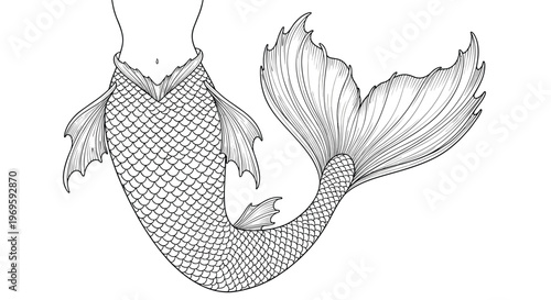 Detailed line art of a mermaid tail with intricate scales and flowing fins, perfect for coloring books, fantasy art, and character design.