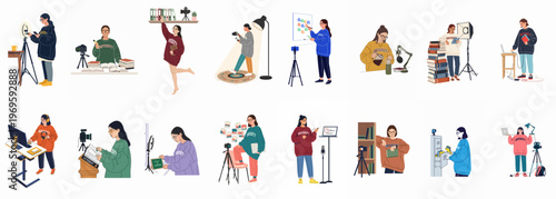 Creative Workspace: A collection of illustrators engaged in diverse creative projects in a variety of dynamic positions, demonstrating their passion, inspiration and a variety of their artwork.